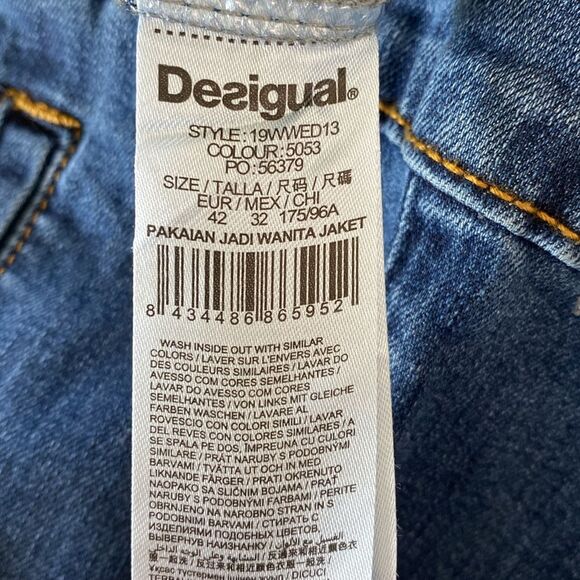 Desiqual Embroidered Flowers Western Denim Jean Jacket Stretchy Mixed Media Boho - Picture 12 of 16